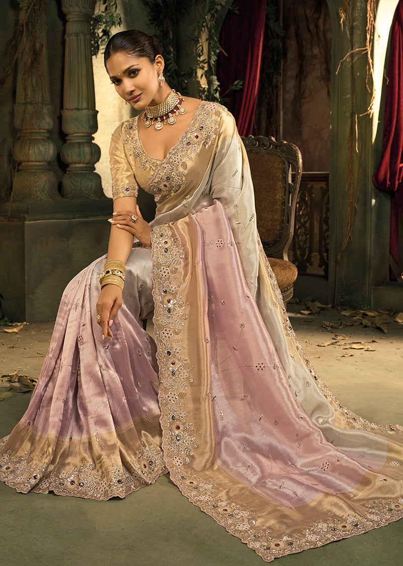 Monjolika Fashion Cream And Pink Silk Blend Wedding Saree With Cut Dana, Embroidered, Moti And Zari Work - Distacart