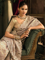 Monjolika Fashion Light Brown Silk Blend Wedding Saree With Cut Dana, Embroidered, Moti And Zari Work - Distacart