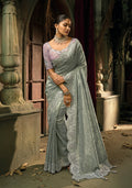 Monjolika Fashion Grey Silk Blend Wedding Saree With Cut Dana, Embroidered, Moti And Zari Work - Distacart