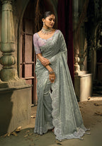 Monjolika Fashion Grey Silk Blend Wedding Saree With Cut Dana, Embroidered, Moti And Zari Work - Distacart