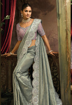Monjolika Fashion Grey Silk Blend Wedding Saree With Cut Dana, Embroidered, Moti And Zari Work - Distacart