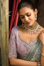 Monjolika Fashion Grey Silk Blend Wedding Saree With Cut Dana, Embroidered, Moti And Zari Work - Distacart