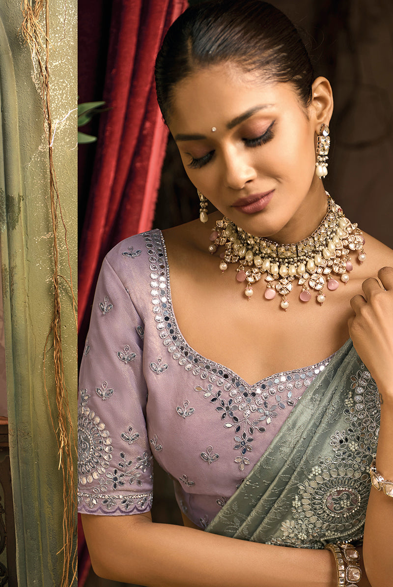 Monjolika Fashion Grey Silk Blend Wedding Saree With Cut Dana, Embroidered, Moti And Zari Work - Distacart