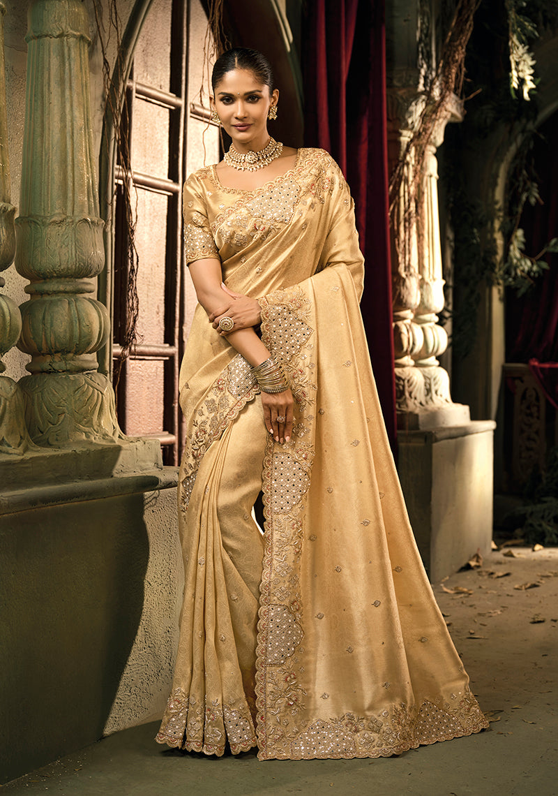 Monjolika Fashion Beige Silk Blend Wedding Saree With Cut Dana, Embroidered, Moti And Zari Work - Distacart