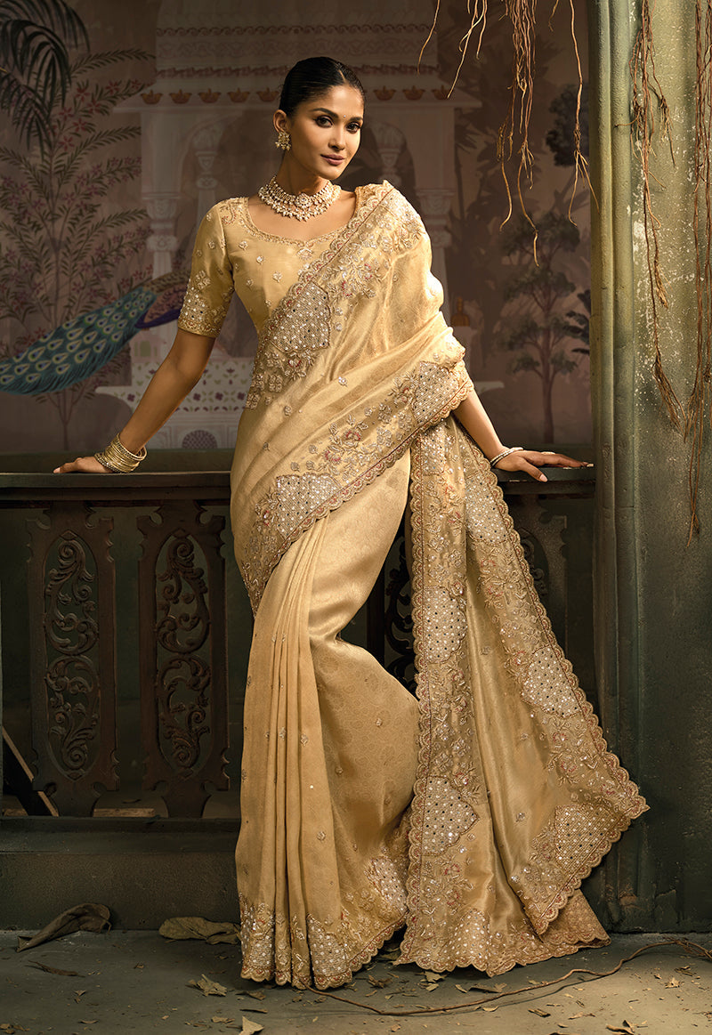 Monjolika Fashion Beige Silk Blend Wedding Saree With Cut Dana, Embroidered, Moti And Zari Work - Distacart