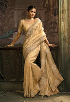 Monjolika Fashion Beige Silk Blend Wedding Saree With Cut Dana, Embroidered, Moti And Zari Work - Distacart