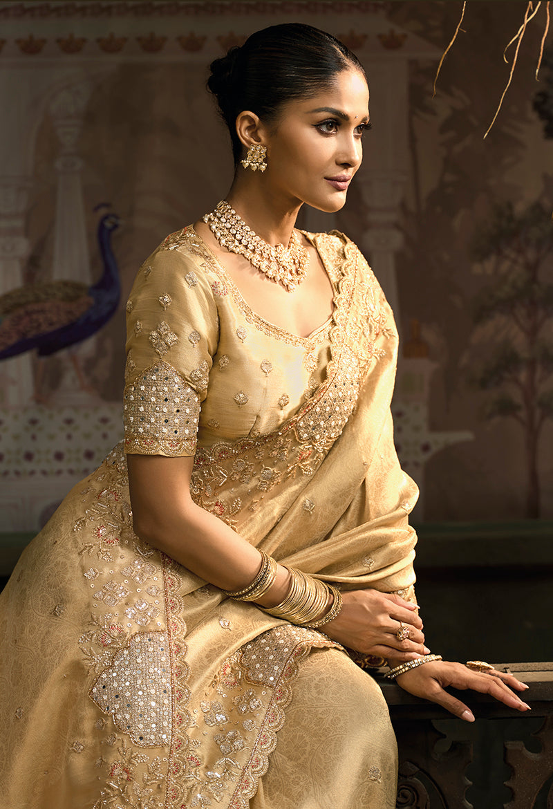 Monjolika Fashion Beige Silk Blend Wedding Saree With Cut Dana, Embroidered, Moti And Zari Work - Distacart