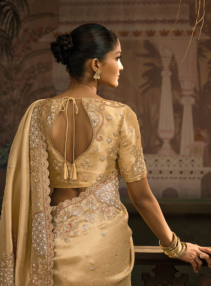 Monjolika Fashion Beige Silk Blend Wedding Saree With Cut Dana, Embroidered, Moti And Zari Work - Distacart