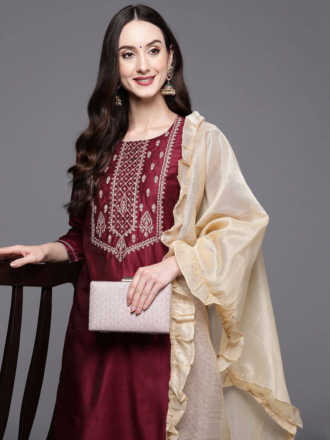 Indo Era Women Magenta Ethnic Motifs Embroidered Kurta with Trousers & With Dupatta - Distacart