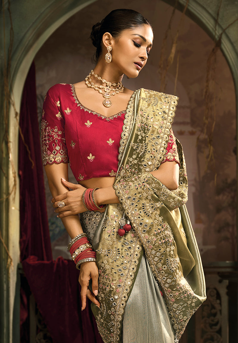 Monjolika Fashion Multicolor Silk Blend Wedding Saree With Cut Dana, Embroidered, Moti And Zari Work - Distacart