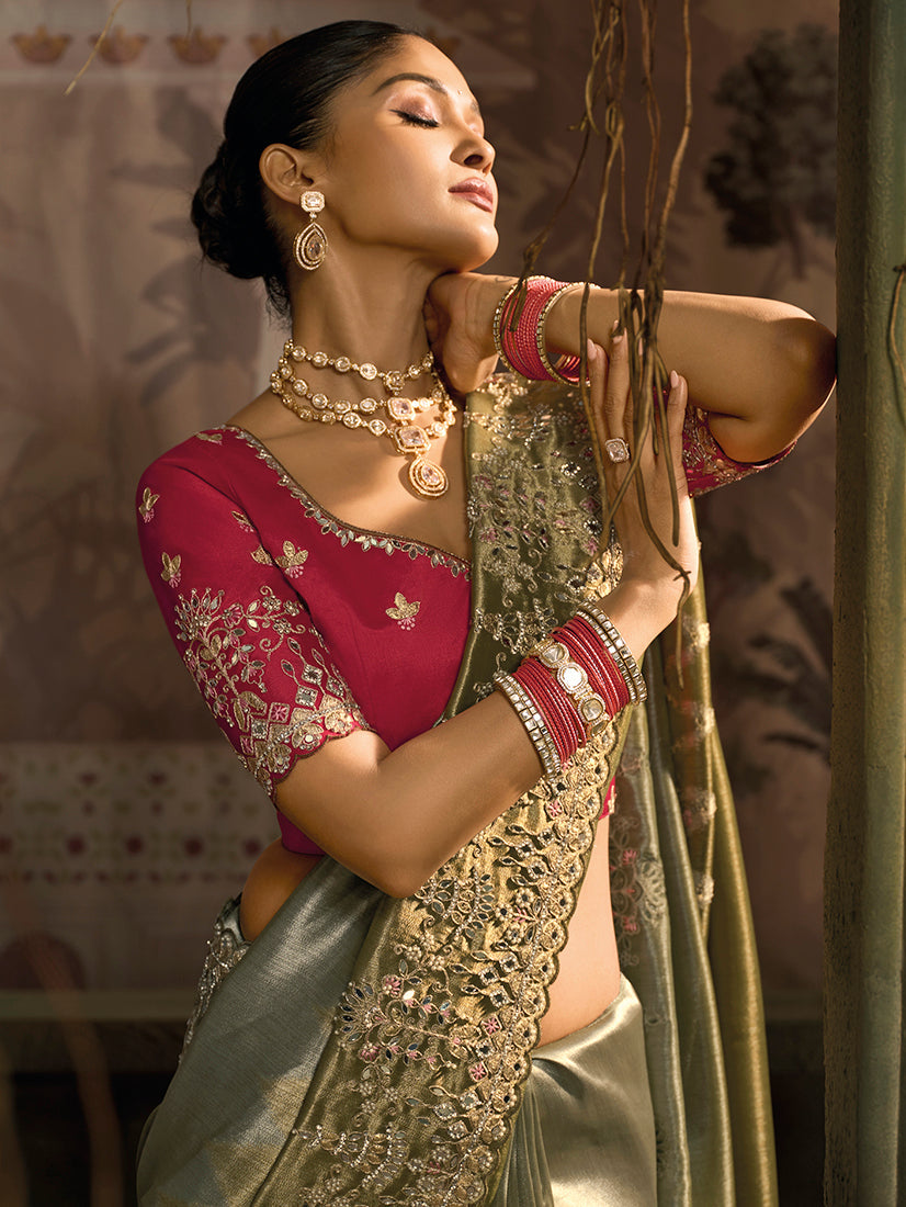 Monjolika Fashion Multicolor Silk Blend Wedding Saree With Cut Dana, Embroidered, Moti And Zari Work - Distacart