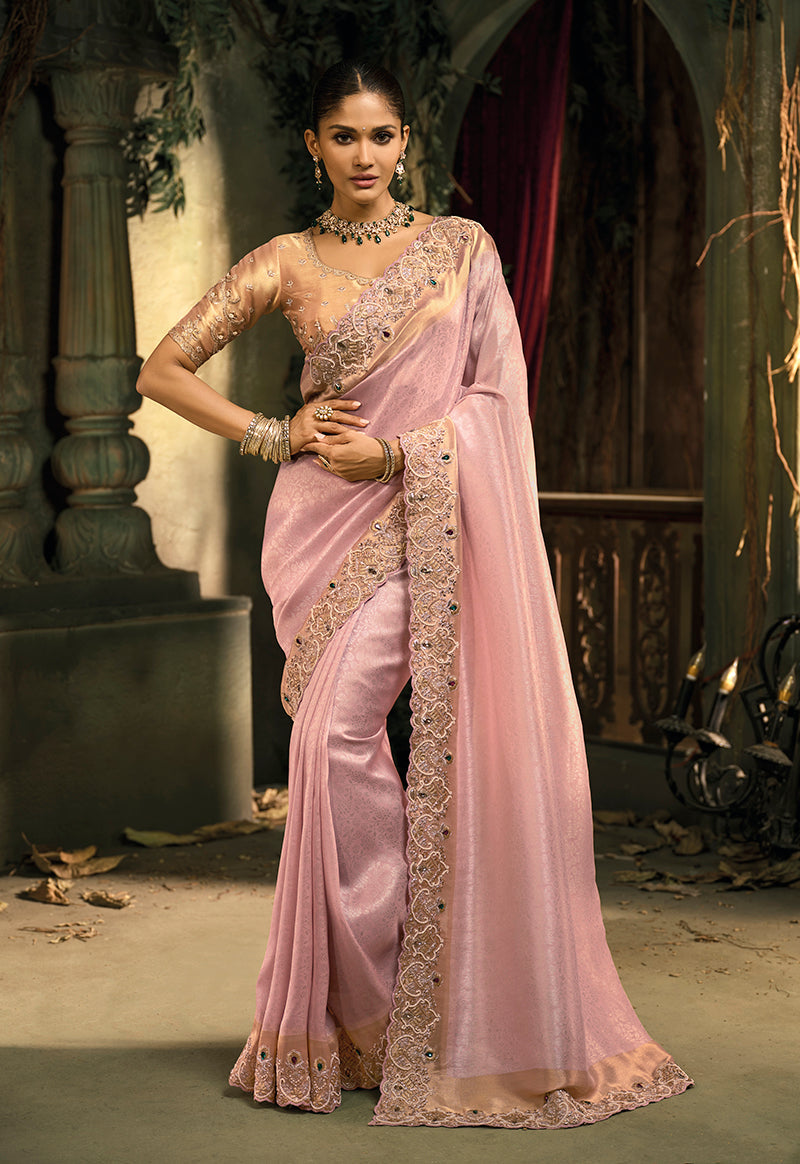 Monjolika Fashion Pink Silk Blend Wedding Saree With Cut Dana, Embroidered, Moti And Zari Work - Distacart
