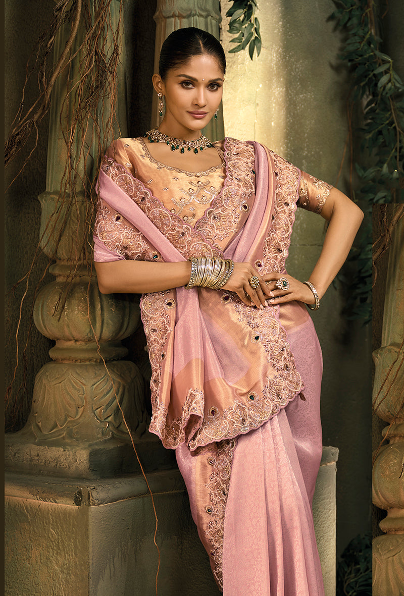 Monjolika Fashion Pink Silk Blend Wedding Saree With Cut Dana, Embroidered, Moti And Zari Work - Distacart