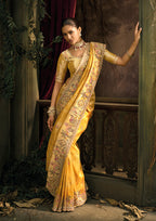 Monjolika Fashion Mustard Silk Blend Wedding Saree With Cut Dana, Embroidered, Moti And Zari Work - Distacart