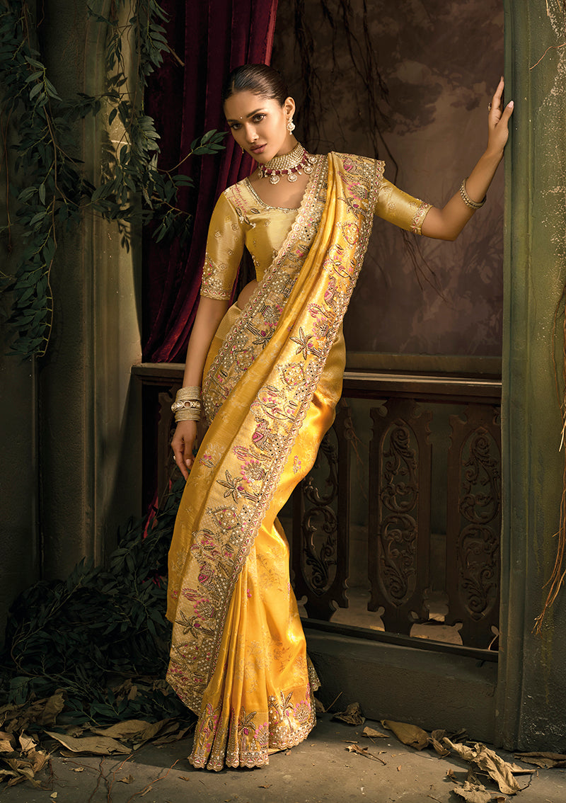Monjolika Fashion Mustard Silk Blend Wedding Saree With Cut Dana, Embroidered, Moti And Zari Work - Distacart
