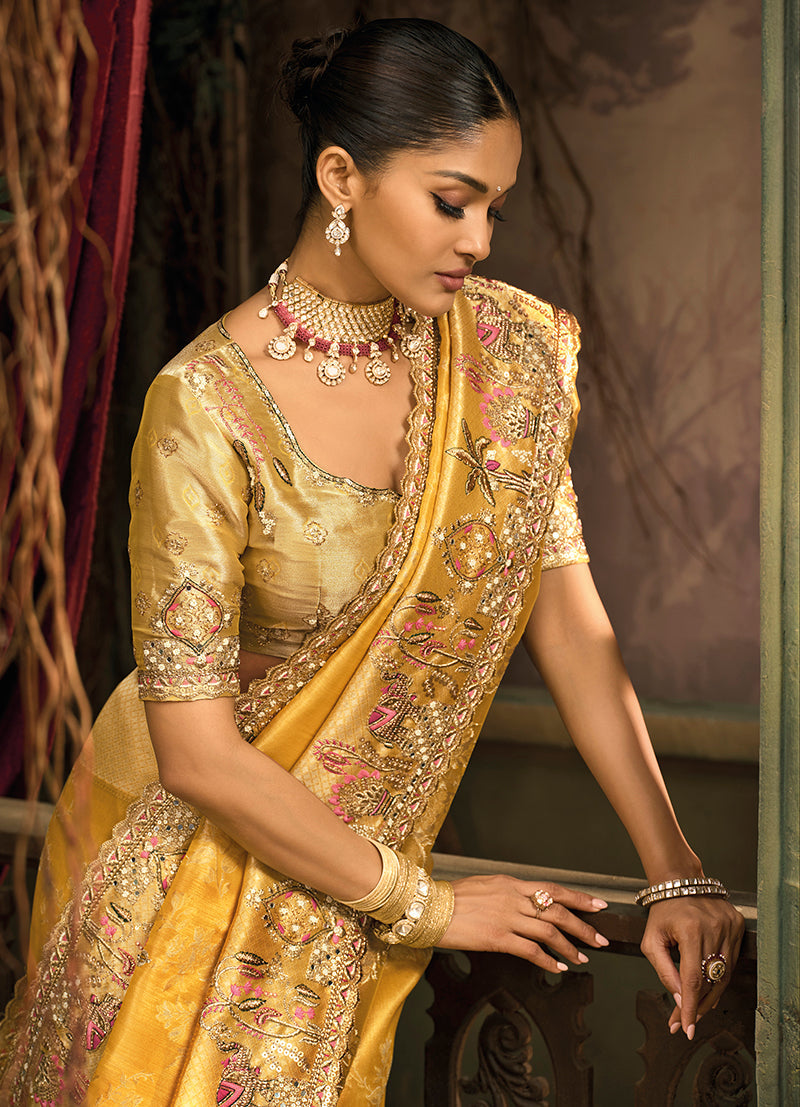Monjolika Fashion Mustard Silk Blend Wedding Saree With Cut Dana, Embroidered, Moti And Zari Work - Distacart