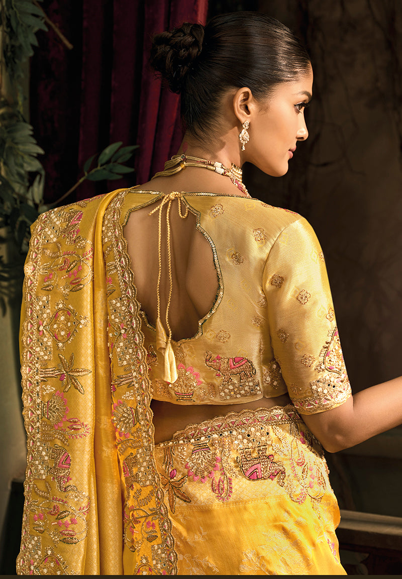Monjolika Fashion Mustard Silk Blend Wedding Saree With Cut Dana, Embroidered, Moti And Zari Work - Distacart