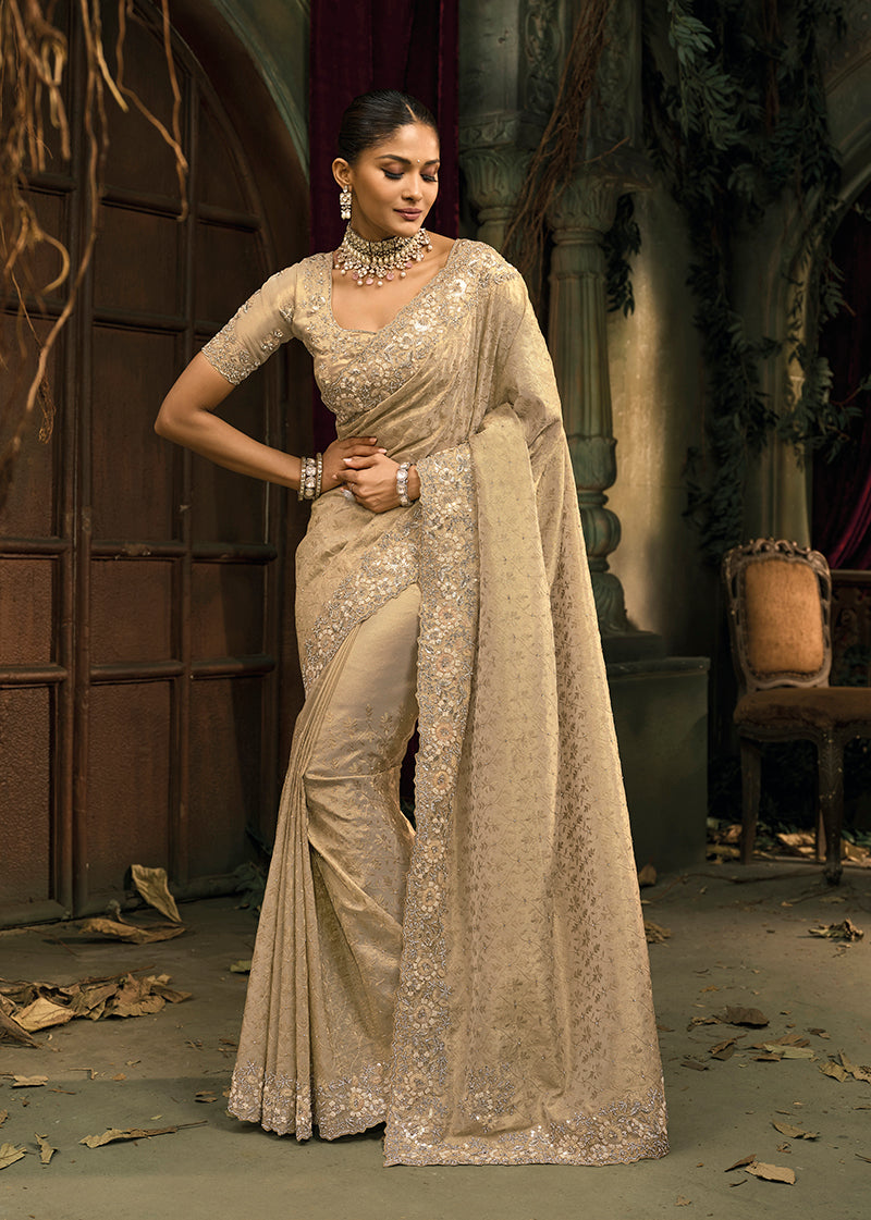 Monjolika Fashion Cream Silk Blend Wedding Saree With Cut Dana, Embroidered, Moti And Zari Work - Distacart
