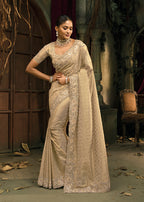 Monjolika Fashion Cream Silk Blend Wedding Saree With Cut Dana, Embroidered, Moti And Zari Work - Distacart