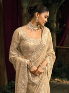 Monjolika Fashion Cream Silk Blend Wedding Saree With Cut Dana, Embroidered, Moti And Zari Work - Distacart