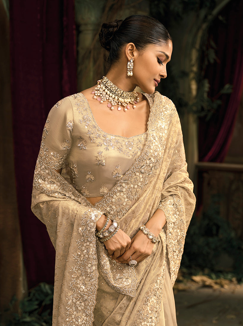Monjolika Fashion Cream Silk Blend Wedding Saree With Cut Dana, Embroidered, Moti And Zari Work - Distacart