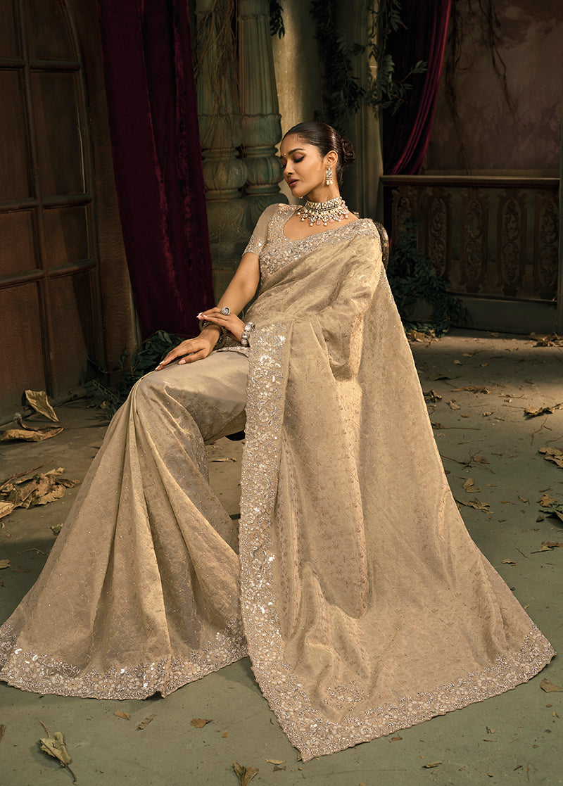 Monjolika Fashion Cream Silk Blend Wedding Saree With Cut Dana, Embroidered, Moti And Zari Work - Distacart