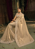 Monjolika Fashion Cream Silk Blend Wedding Saree With Cut Dana, Embroidered, Moti And Zari Work - Distacart