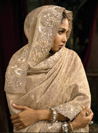 Monjolika Fashion Cream Silk Blend Wedding Saree With Cut Dana, Embroidered, Moti And Zari Work - Distacart