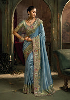 Monjolika Fashion Light Blue Silk Blend Wedding Saree With Cut Dana, Embroidered, Moti And Zari Work - Distacart