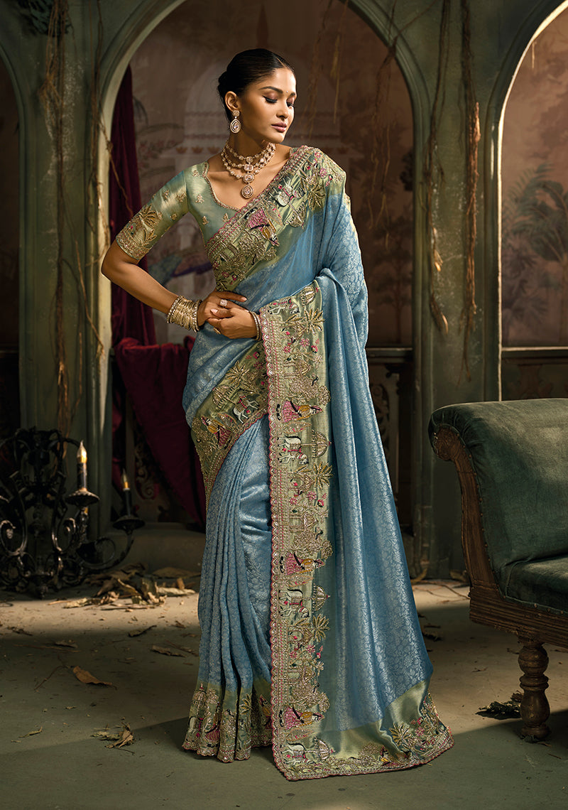 Monjolika Fashion Light Blue Silk Blend Wedding Saree With Cut Dana, Embroidered, Moti And Zari Work - Distacart