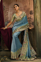 Monjolika Fashion Light Blue Silk Blend Wedding Saree With Cut Dana, Embroidered, Moti And Zari Work - Distacart