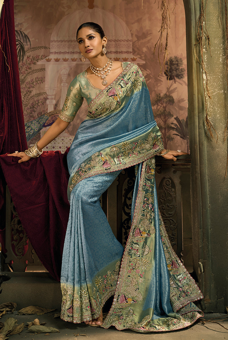 Monjolika Fashion Light Blue Silk Blend Wedding Saree With Cut Dana, Embroidered, Moti And Zari Work - Distacart