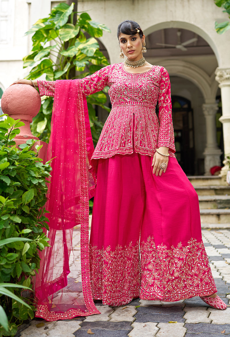 Monjolika Fashion Chinon Embroidered Rani Pink Readymade Palazzo Kameez - Distacart