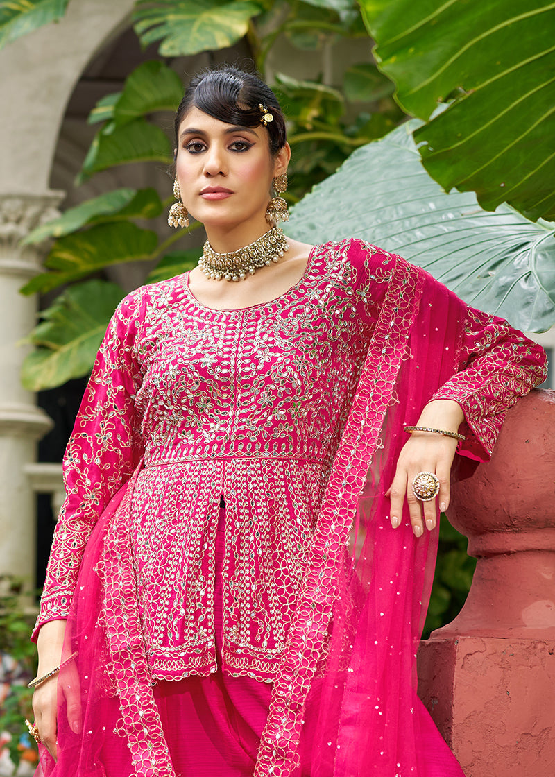 Monjolika Fashion Chinon Embroidered Rani Pink Readymade Palazzo Kameez - Distacart