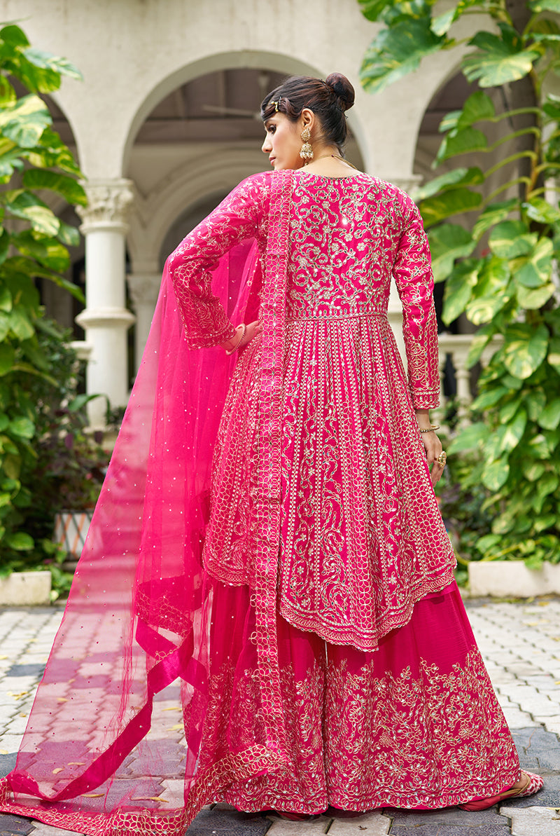 Monjolika Fashion Chinon Embroidered Rani Pink Readymade Palazzo Kameez - Distacart