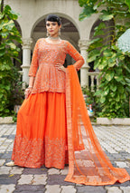 Monjolika Fashion Chinon Embroidered Orange Readymade Palazzo Kameez - Distacart