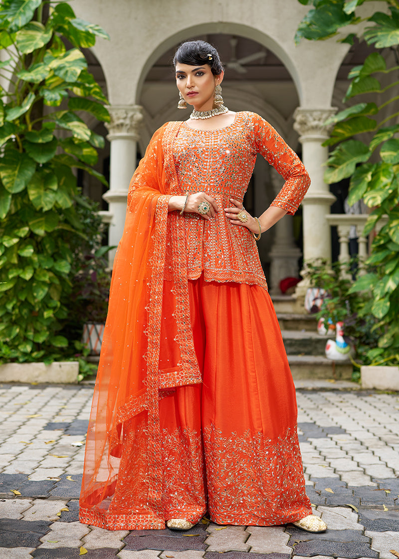 Monjolika Fashion Chinon Embroidered Orange Readymade Palazzo Kameez - Distacart