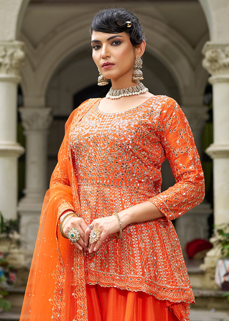 Monjolika Fashion Chinon Embroidered Orange Readymade Palazzo Kameez - Distacart