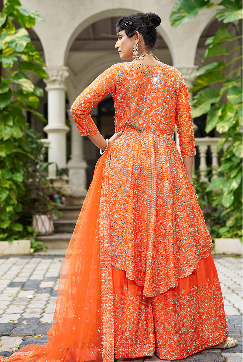 Monjolika Fashion Chinon Embroidered Orange Readymade Palazzo Kameez - Distacart