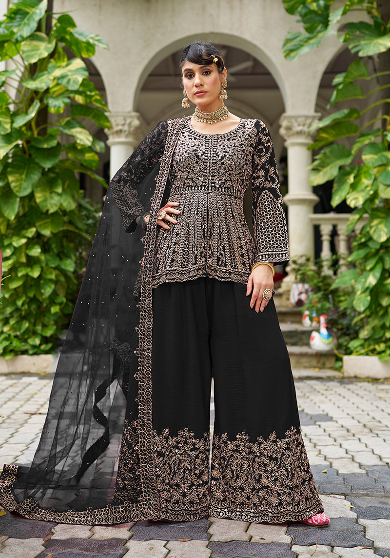 Monjolika Fashion Chinon Embroidered Black Readymade Palazzo Kameez - Distacart