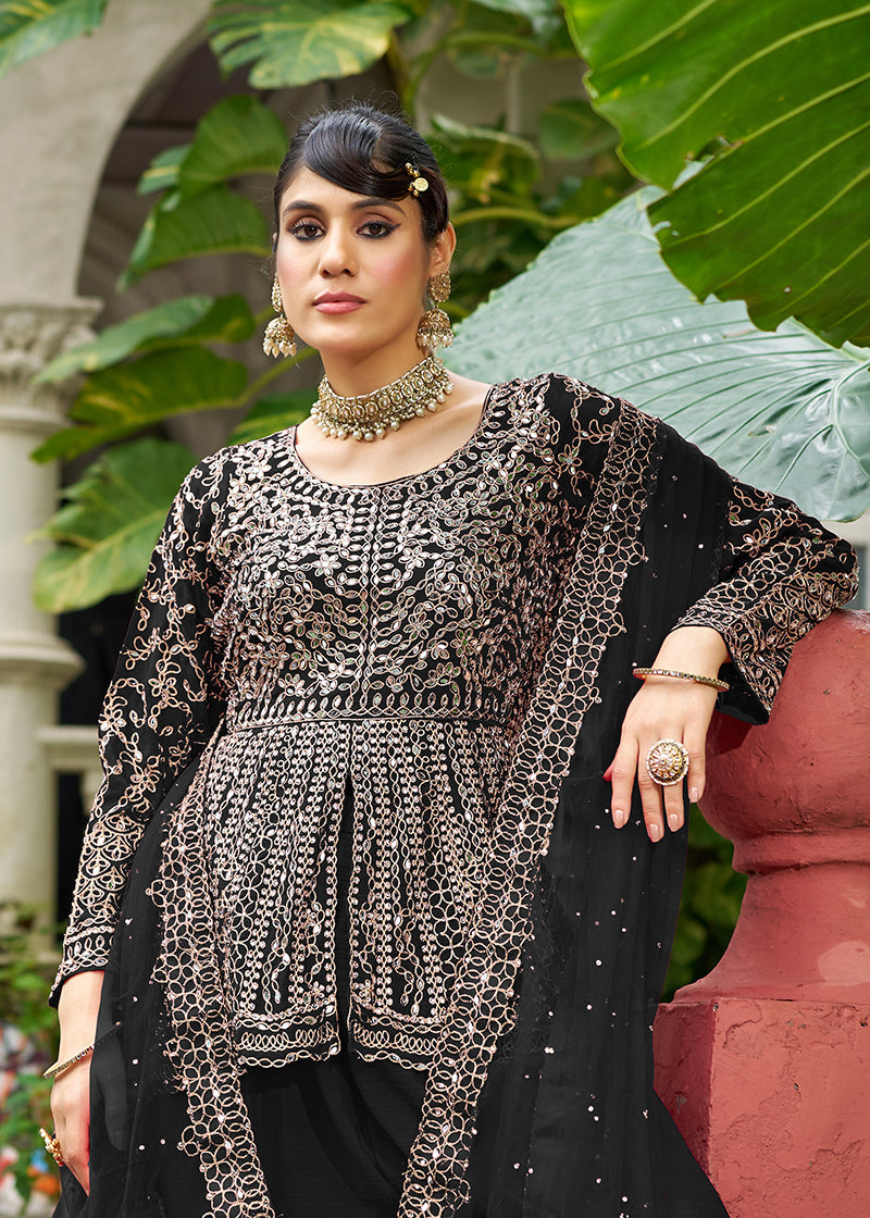 Monjolika Fashion Chinon Embroidered Black Readymade Palazzo Kameez - Distacart