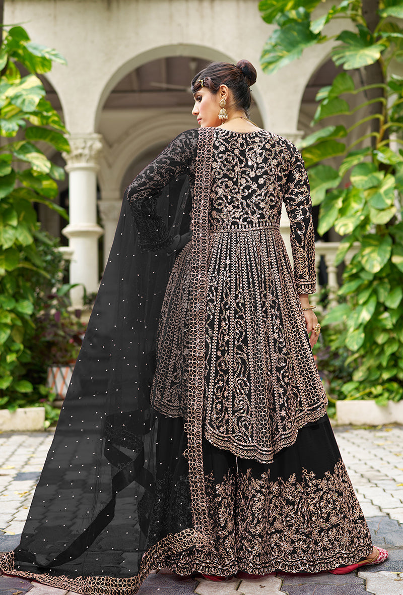 Monjolika Fashion Chinon Embroidered Black Readymade Palazzo Kameez - Distacart