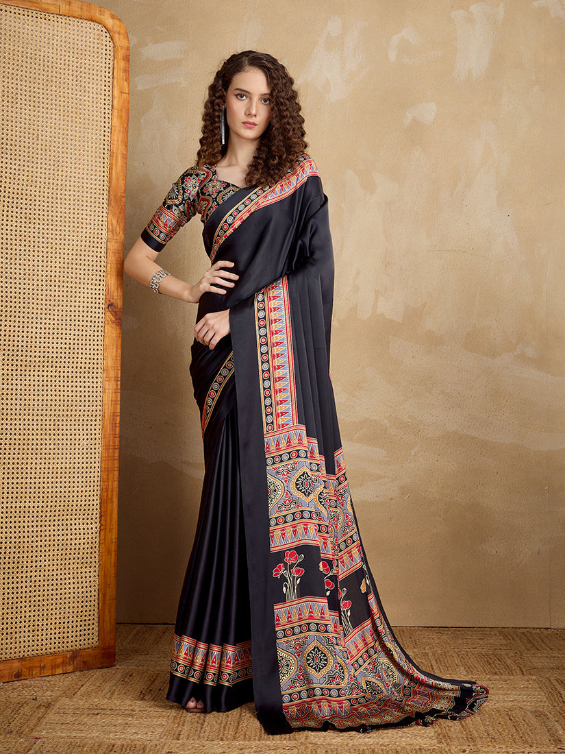 Monjolika Fashion Black Printed Satin Saree - Distacart