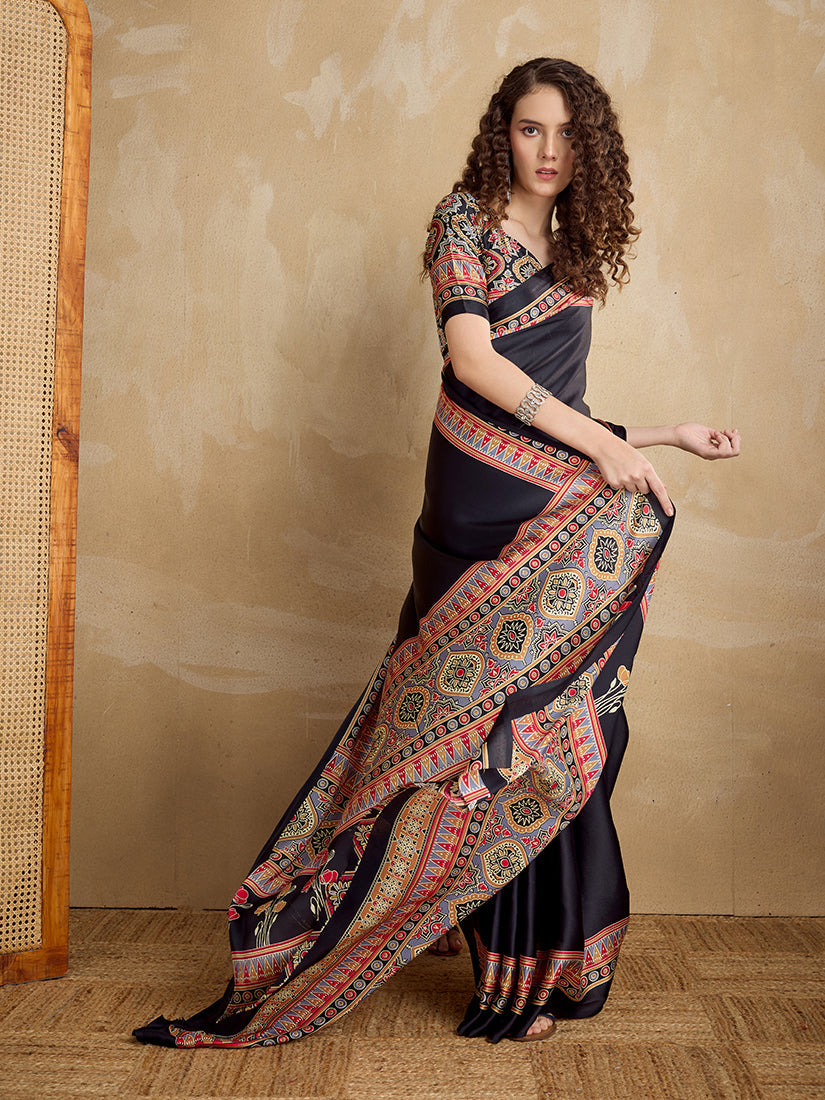 Monjolika Fashion Black Printed Satin Saree - Distacart