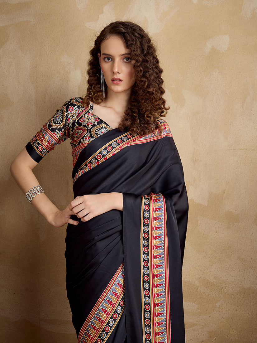 Monjolika Fashion Black Printed Satin Saree - Distacart