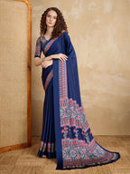 Monjolika Fashion Navy Blue Printed Satin Saree - Distacart