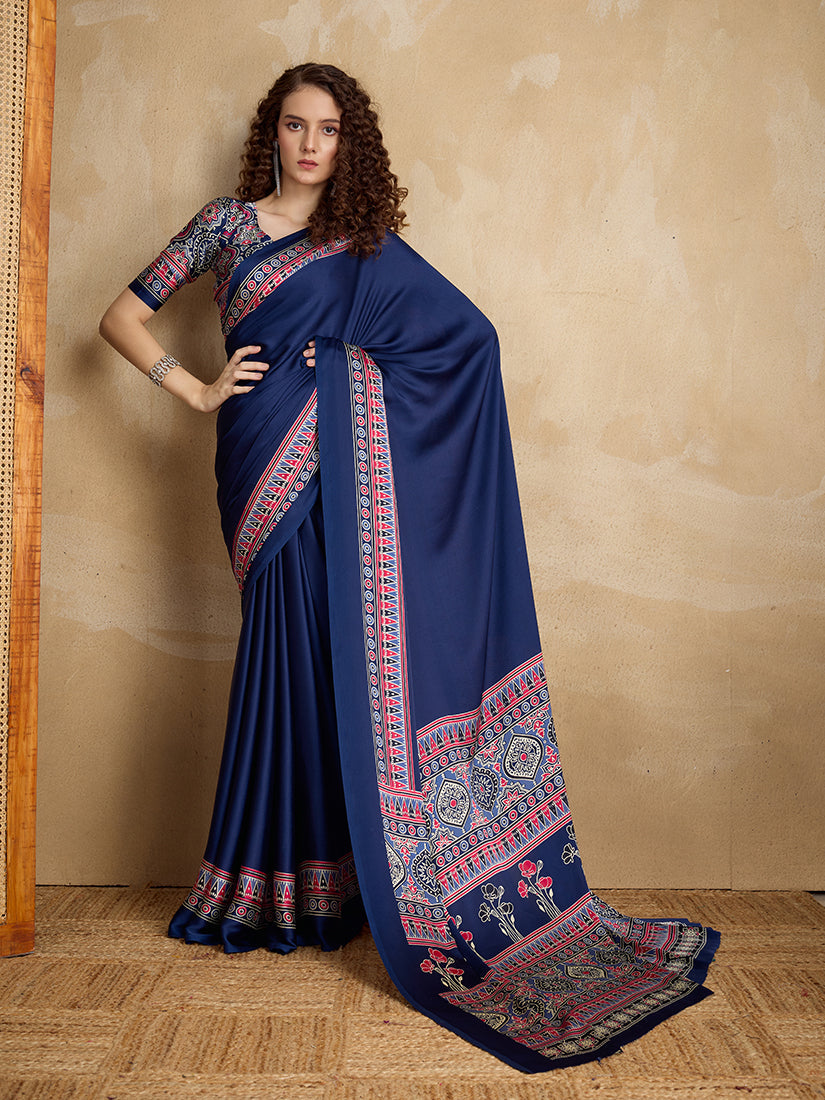Monjolika Fashion Navy Blue Printed Satin Saree - Distacart