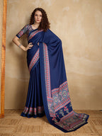 Monjolika Fashion Navy Blue Printed Satin Saree - Distacart