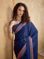 Monjolika Fashion Navy Blue Printed Satin Saree - Distacart