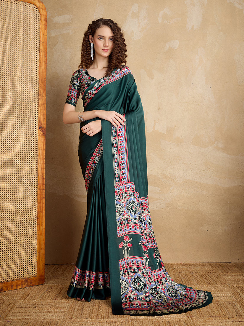 Monjolika Fashion Dark Green Printed Satin Saree - Distacart